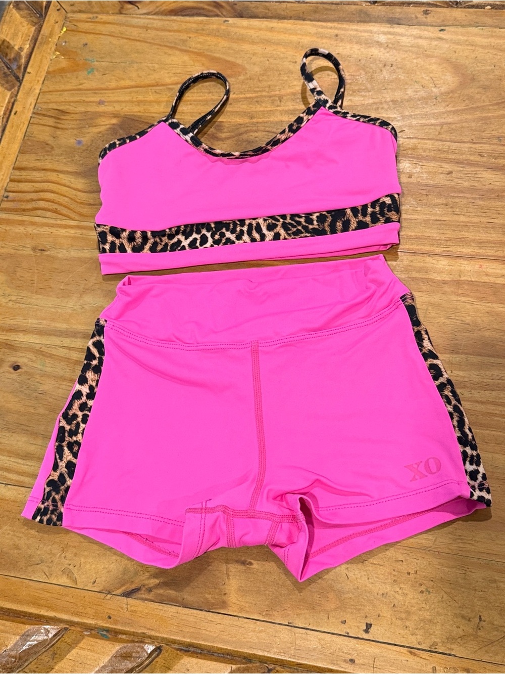 Girls' Hot Pink Two-Piece Swim Set with Leopard Trim